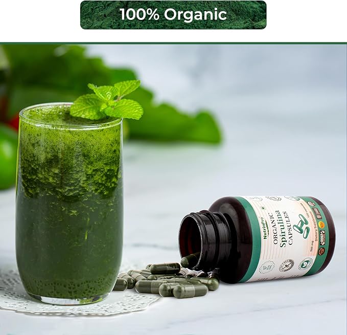 USDA Organic Spirulina Capsules - 100% Pure Vegan Supplement, Non-GMO, Gluten-Free, Chemical-Free, (120)