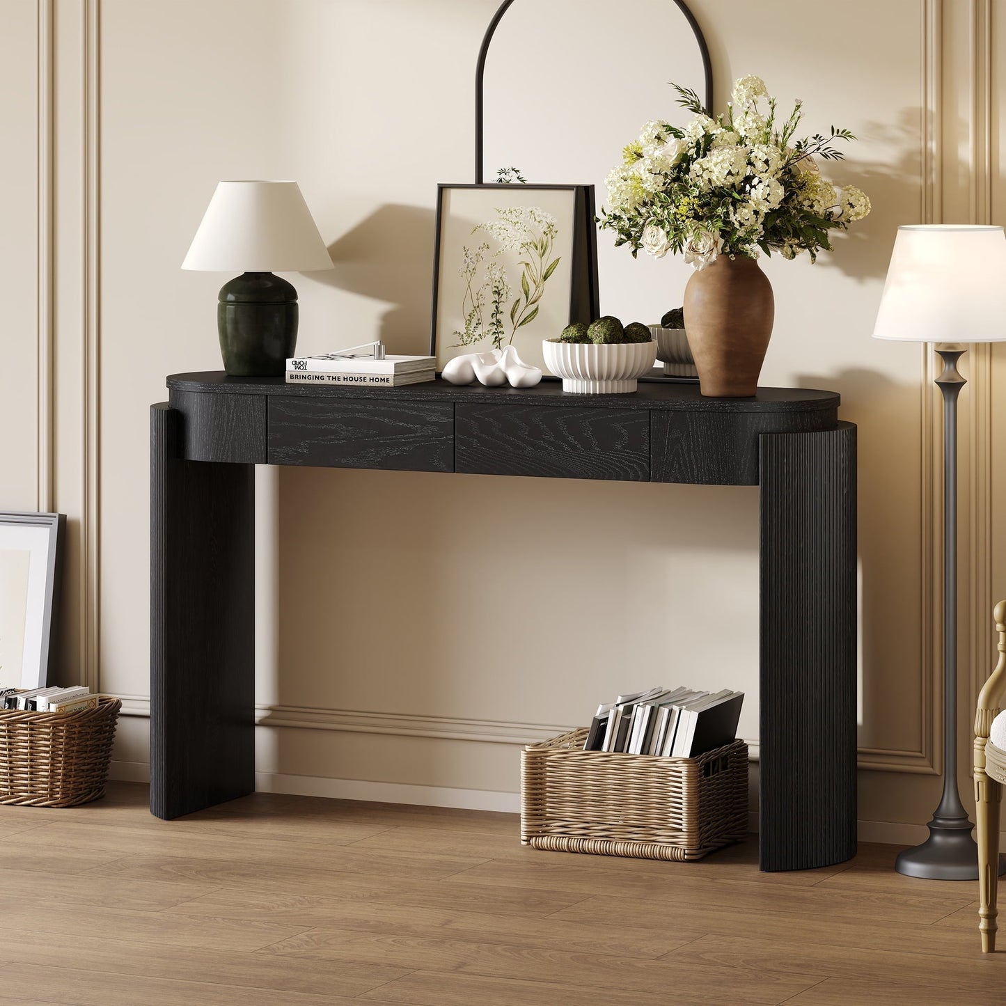 TREXM Entryway Table with Natural Wood Grain Finish, Console Table with Fluted Design, Oval Top and 2 Drawers for Entryway and Living Room (Black)