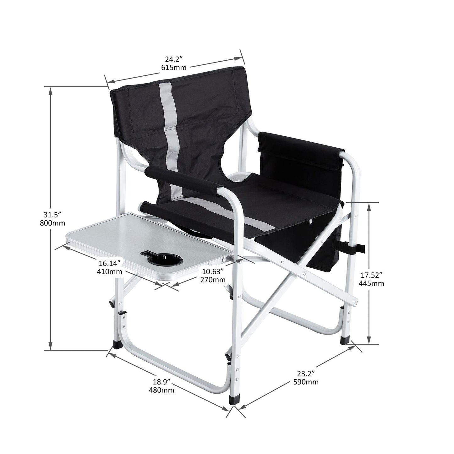 1-piece Padded Folding Outdoor Chair with Side Table and Storage Pockets; Lightweight Oversized Directors Chair for indoor; Outdoor Camping; Picnics and Fishing; Black/Grey Black+ Gray