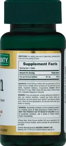 Nature's Bounty Iron 65mg, 325 mg Ferrous Sulfate, Cellular Energy Support, Promotes Normal Red Blood Cell Production, 100 Tablets (Pack of 2)
