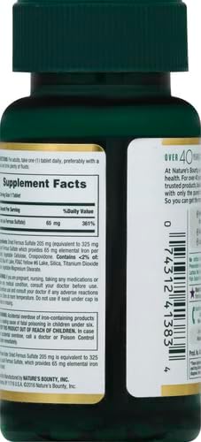 Nature's Bounty Iron 65mg, 325 mg Ferrous Sulfate, Cellular Energy Support, Promotes Normal Red Blood Cell Production, 100 Tablets (Pack of 2)
