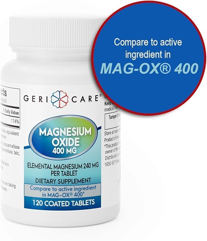 GeriCare Magnesium Oxide Supplement 240 mg - Elemental Magnesium, 120 Coated Tablets – Essential Mineral Support - Promotes Vascular Health, Bone Strength, and Muscle Function (Pack of 6)