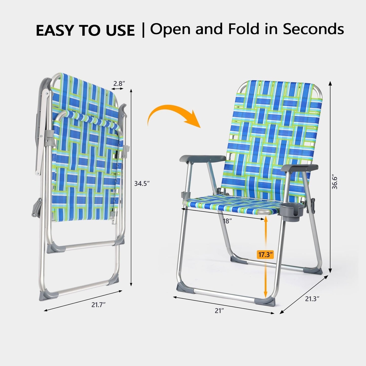 Matladin Aluminum 2-pack Patio Wedded Lawn Folding Chairs with Detachable Cup Holder,  Lightweight Beach & Lawn Seating for Outdoor Relaxation