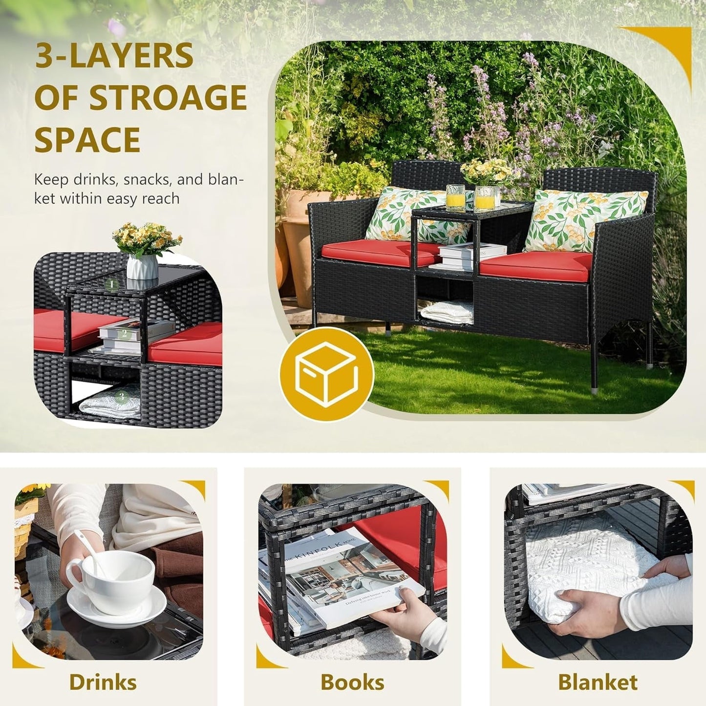 CRXX Outdoor Furniture Patio Loveseat Wicker 2-Seat with Built-in Table and Cushions Rattan Porch Chairs Bench for Balcony, Lawn, Backyard (Red)