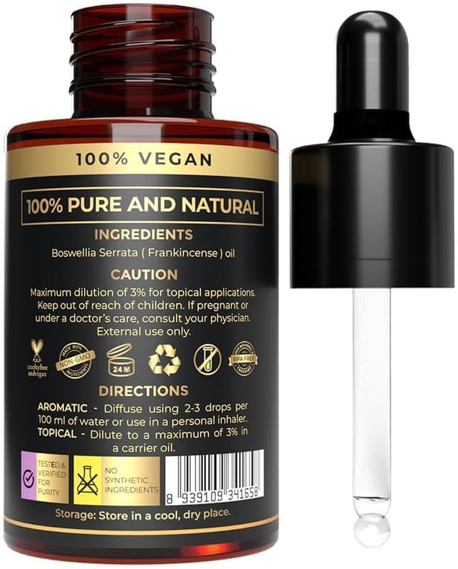 100% Plant Based Frankincense Essential Oil for Skin, Face, Aromatherapy & Diffuser - Pure & Organic Frankincense Oil for Anti-Aging, Wrinkles & Dull Skin | Aceite de Incienso