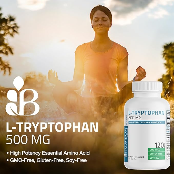 Bronson L-Tryptophan 500 MG High Potency Essential Amino Acid Supports Relaxation & Positive Mood Support Non-GMO, 120 Capsules