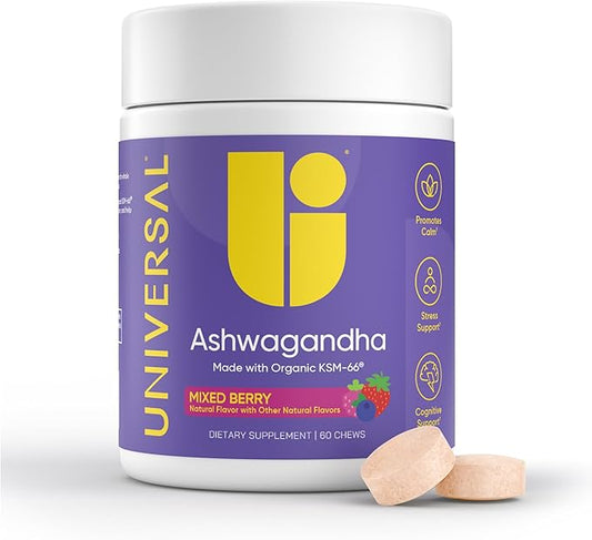Ashwagandha KSM-66 Chews - Daily Stress, Cognitive Function and Mood Support Chewable Supplement, Bioavailable Full Spectrum KSM66 Ashwagandha Root Extract, Calm & Relaxation – Mixed Berry, 60 Count