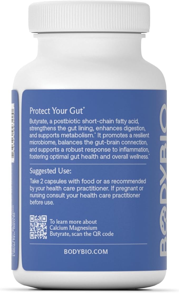 BodyBio Butyrate Supplement - Postbiotic for Gut Microbiome Health, Digestion and Regulation Support - Butyric Acid with Calcium Magnesium - 100 Capsules