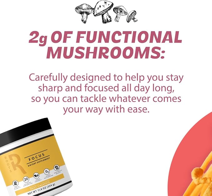 Roots Focus Nootropic Brain Supplement - Strawberry Watermelon & Spicy Pineapple- Lion's Mane, Cordyceps, & Reishi Functional Mushrooms + Extended-Release Caffeine, 100 Servings
