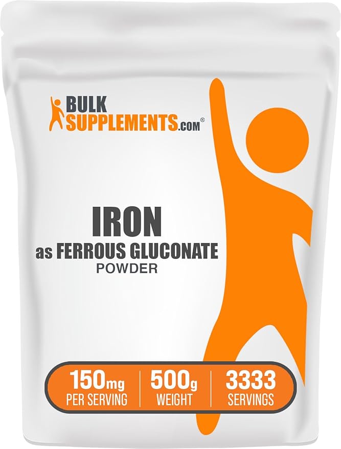 BulkSupplements.com Ferrous Gluconate Powder - Essential Mineral for Energy, Iron 18mg - Iron Supplements, Gluten Free, 150mg per Serving, 500g (1.1 lbs) (Pack of 1)