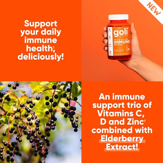 Goli Immune Vitamin Gummy - 180 Count - Elderberry, Vitamin C, D & Zinc, Vegan, Non-GMO, Gluten-Free & Gelatin-Free, Pack of 3