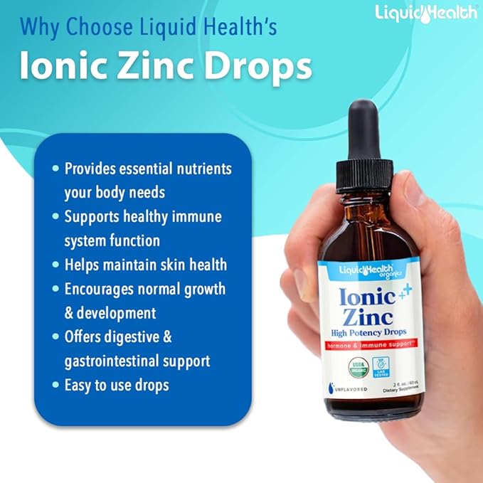 LIQUIDHEALTH USDA Organic Ionic Zinc High Potency Drops - Trace Mineral Liquid Vitamin Supplement for Adults, Kids - Immune & Digestive Support, Skin & Wound Health - USA Made, Vegan, Non-GMO (2 Pack)