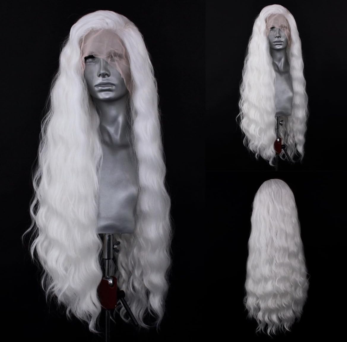 Wxhwcx White Wavy Synthetic Lace Front Wigs Free Part Loose Wave Heat Resistant Natural Hairline Fiber Hair Glueless Lace Wigs F