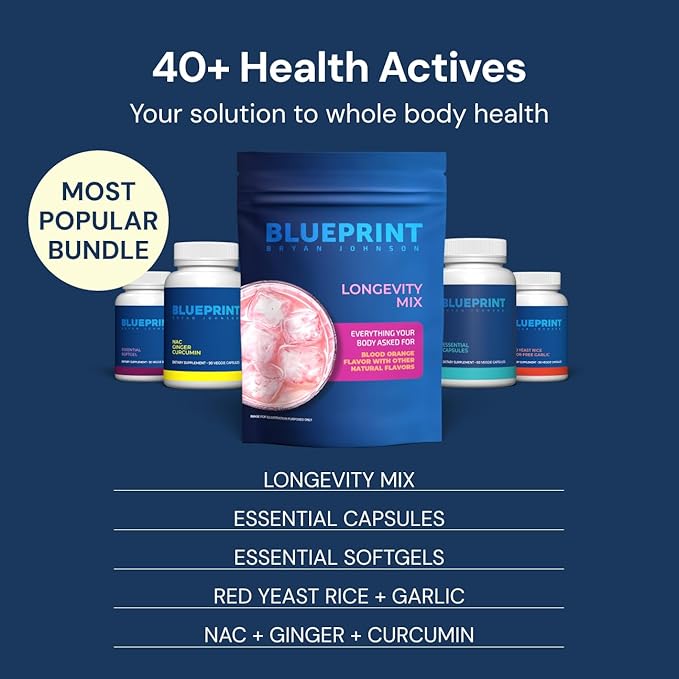 Blueprint Bryan Johnson Longevity Mix - Muscle Builder & Recovery Supplement - Promotes Focus and Balanced Mood - Creatine, L-Theanine- Vegan, Keto Friendly (30 Servings (Pack of 1), Blood Orange)