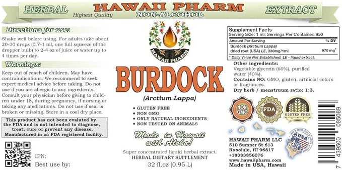 Burdock Alcohol-Free Liquid Extract, Organic Burdock (Arctium Lappa) Dried Root Glycerite Hawaii Pharm Natural Herbal Supplement 2x32 oz Unfiltered