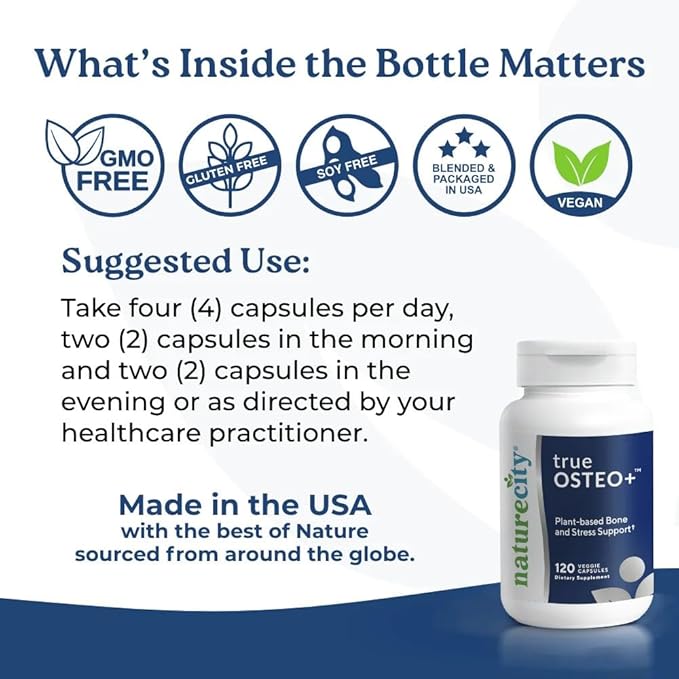 NatureCity True-Osteo+ for Bone Strength & Density | Plant Based Calcium Supplement with Organic AlgaeCal Calcium & Magnesium, Vitamin D3, K2, Silicon & Stress Support | 240 Veggie Capsules