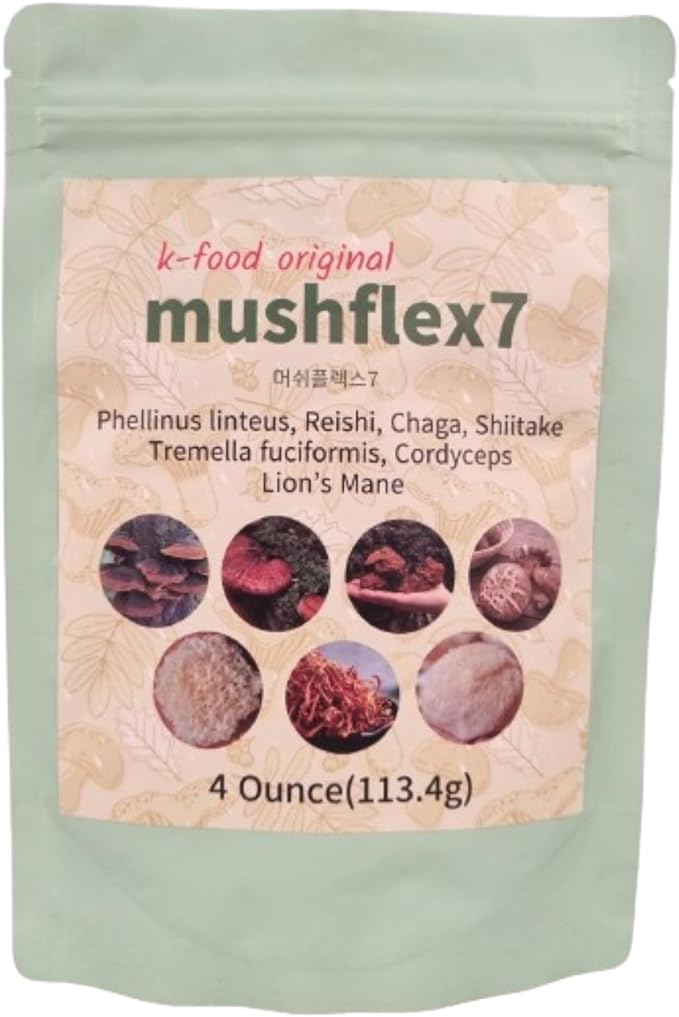 K-Food 7 Mushroom Powder Supplement with Phellinus linteus, Red Reishi, Lion’s Mane, Cordyceps, Chaga, Shiitake, Tremella fuciformis, Production of Korea – 4 Ounce