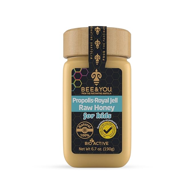 Bee and You Royal Jelly Raw Honey For Kids, Propolis Extract, 100% Natural Superfood, Ultra Pure, Immune Support Supplement, Antioxidants, Keto, Paleo, Gluten-Free, 6.7 oz