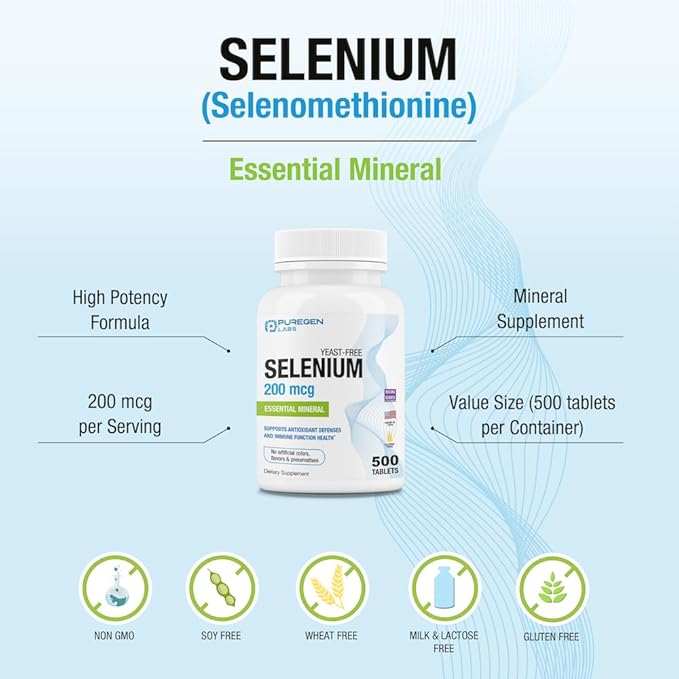 Puregen Labs Selenium 200 mcg Yeast Free Essential Mineral - 500 Vegetarian Tablets | Immune & Antioxidant Support | Non-GMO, Gluten Free, Made in USA
