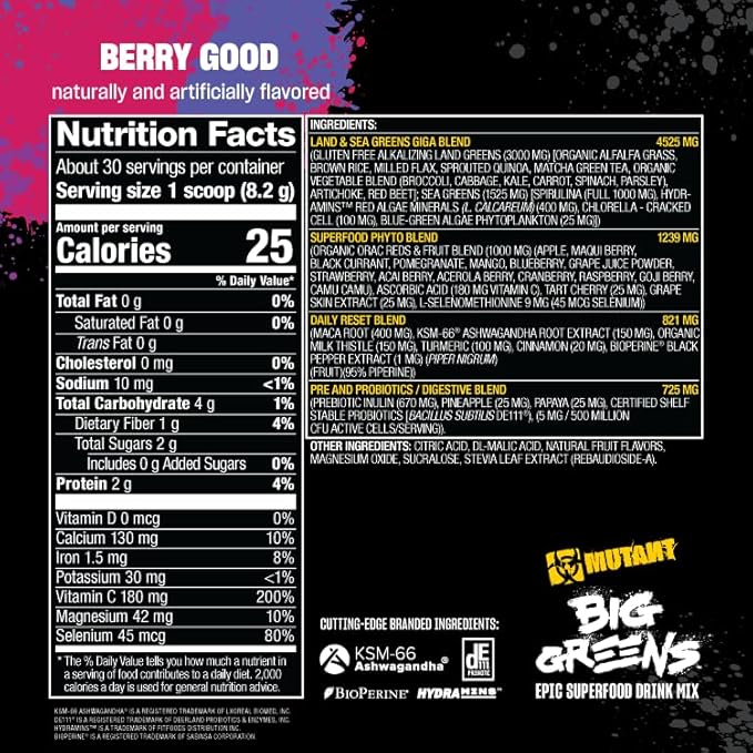 Mutant Big Greens | Green Supplement | Over 40 superfoods Land & Sea Greens – Reds, Antioxidants, phytonutrients, 1000mg spirulina – Pre & Probiotic Blend | 30 Serving – Just Chocolate