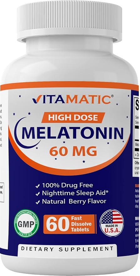 Vitamatic Melatonin 60 mg Fast Dissolve Tablets - 60 Vegan Natural Berry Flavor Tablets - Non-Habit Forming - Non-GMO, Gluten Free (2 Bottles)