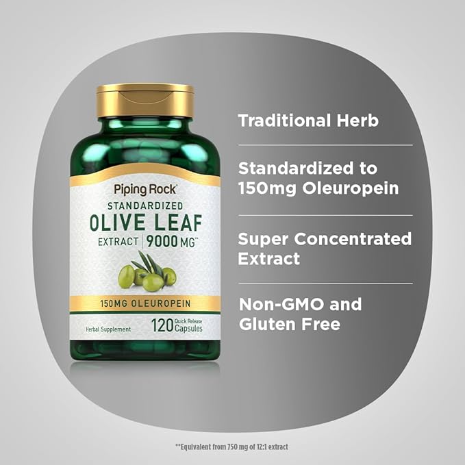 Piping Rock Olive Leaf Extract Capsules | 9000mg | 120 Pills | 150mg Oleuropein | Standardized Herbal Supplement | Non-GMO, Gluten Free