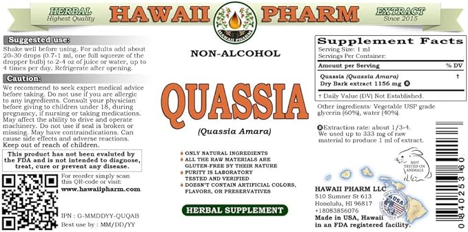 Quassia Alcohol-Free Liquid Extract, Quassia (Quassia Amara) Dried Bark Glycerite Natural Herbal Supplement, Hawaii Pharm, USA 2 fl.oz