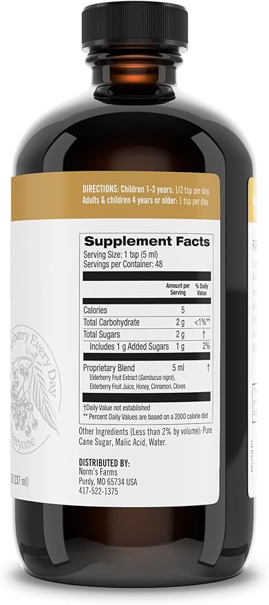 Norm's Farms Black Elderberry Wellness Syrup + Honey, Cinnamon, & Cloves - Natural Immune Support - Kosher, Gluten Free, Non-GMO - 3PK 8 Oz. Bottles