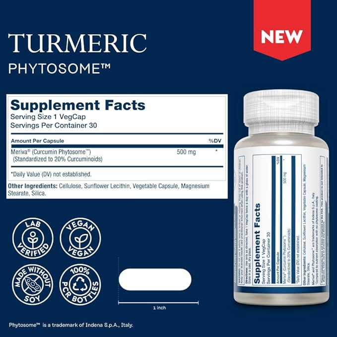 SOLARAY ProSorb Turmeric Supplement Phytosome 500 mg - 29X High Absorption Turmeric Curcumin Supplement for Joint Health Support - Easy-to-Digest Curcumin, Vegan, 60-Day Guarantee, 30 Serv, 30 VegCaps