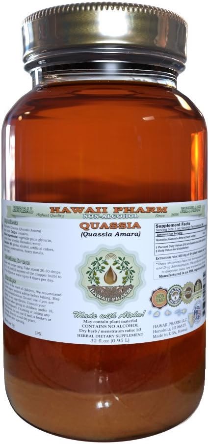 Quassia Alcohol-Free Liquid Extract, Quassia (Quassia Amara) Dried Bark Glycerite Natural Herbal Supplement, Hawaii Pharm, USA 32 fl.oz