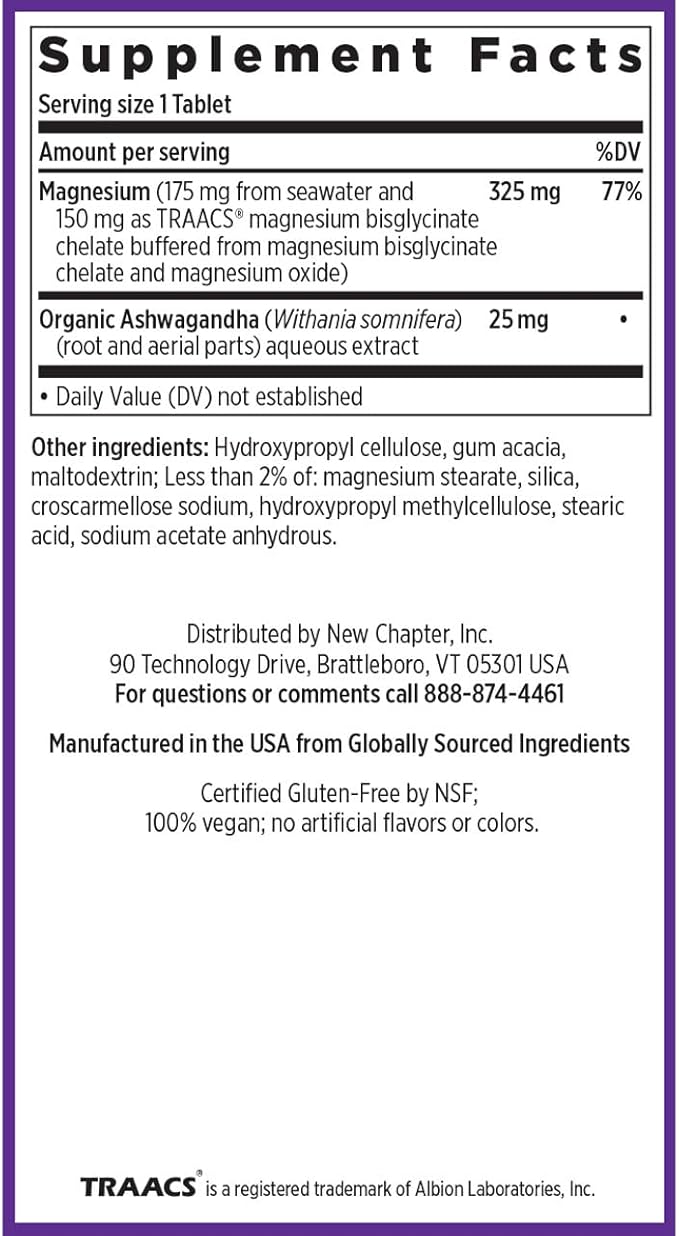 New Chapter Magnesium + Ashwagandha Supplement, 325 mg with Magnesium Glycinate, 2.5x Absorption, Muscle Recovery, Heart & Bone Health, Calm & Relaxation, Gluten Free, Non-GMO - 60 ct (2 Month Supply)