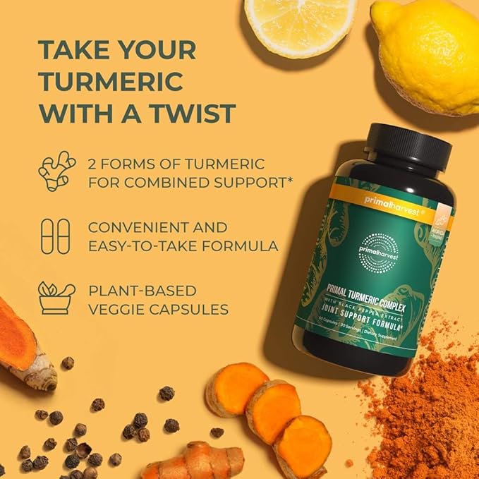 Primal Harvest 2 Pack, Primal Turmeric Complex w/Black Pepper Extract, Joint and Mobility Support Supplement for Women & Men, 120 Capsules