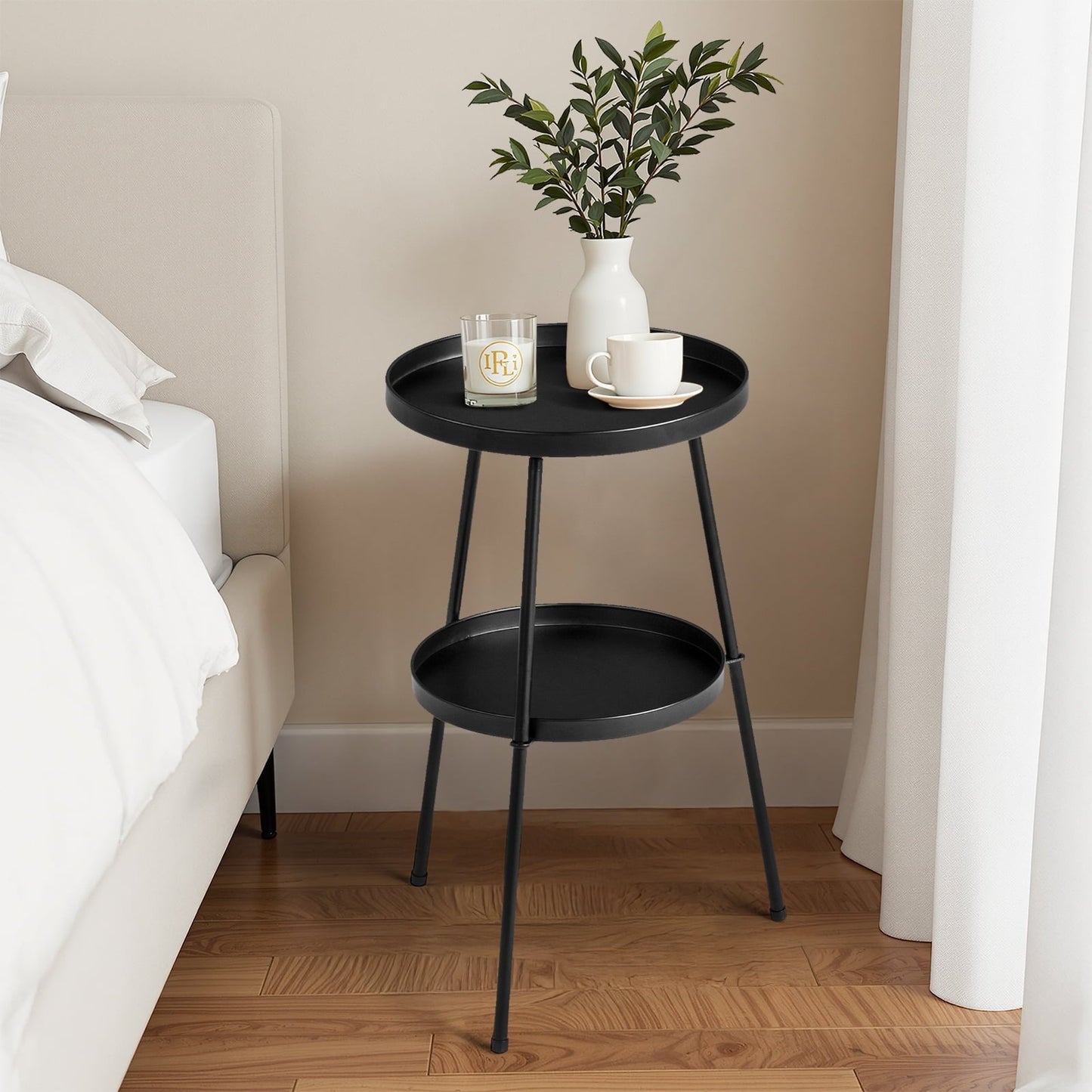 Ktaxon Round Side Table Small Space Saving Coffee Table Durable Iron Black