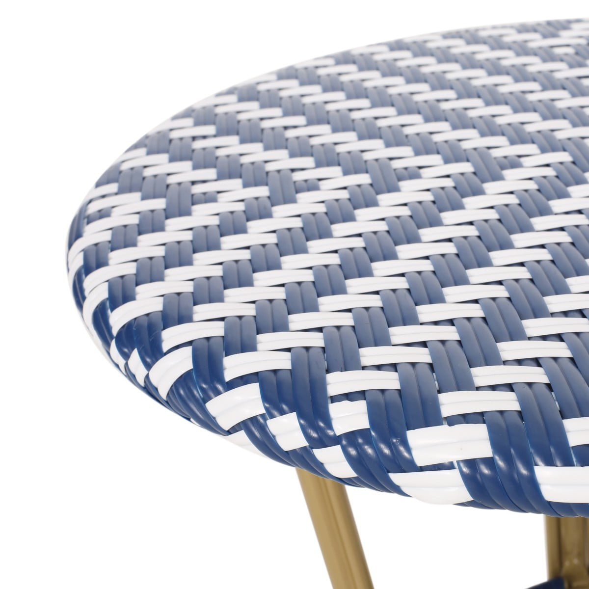IVV 21.75” Round Bistro Dining Table with Aluminum Frame and Rattan Top in Blue/White, French Country Style for Indoor/Outdoor Use