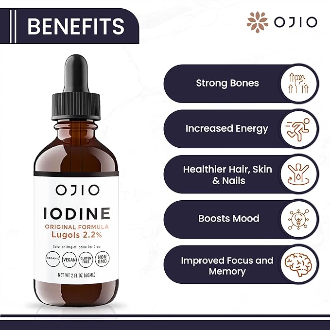Lugols Iodine Solution 2% - 1 Year Supply - High Potency Liquid Oral Iodine Drops with Superior Absorption – Improves Overall Health & Energy for Women, Men, Kids - 2 fl Oz (Pack of 1)
