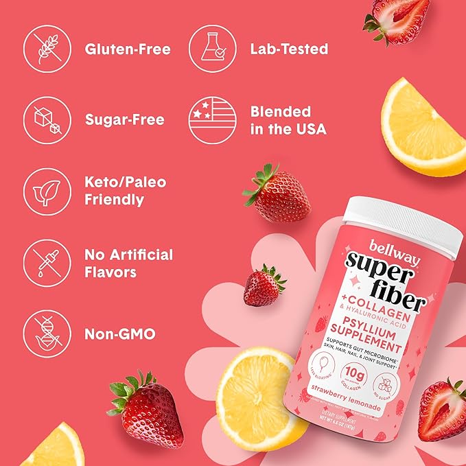 Bellway Super Fiber Powder + Collagen, Strawberry Lemonade Shaker Bottle Bundle