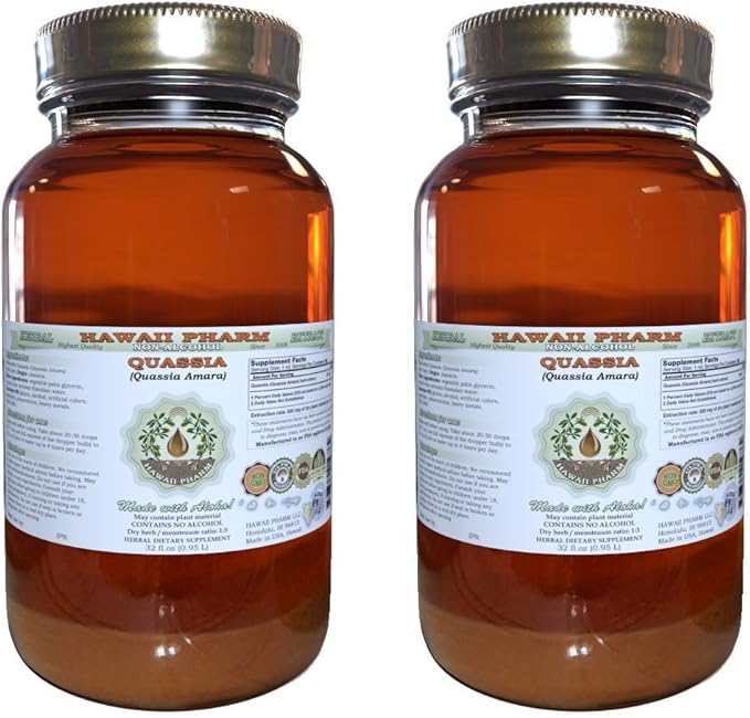 Quassia Alcohol-Free Liquid Extract, Quassia (Quassia Amara) Dried Bark Glycerite Natural Herbal Supplement, Hawaii Pharm, USA 2x32 fl.oz