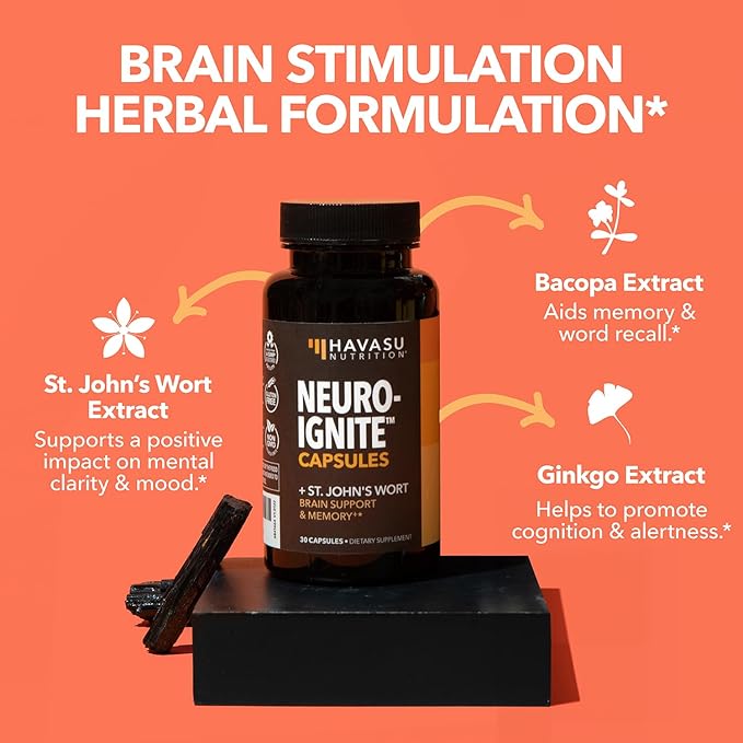 NeuroIGNITE Brain Supplement for Cognition - 30 Count - Cognitive Support with St. John's Wort, Ginkgo Biloba, Bacopa, Phosphatidylserine and Nootropics - Non-GMO Capsules, 1-Month Supply