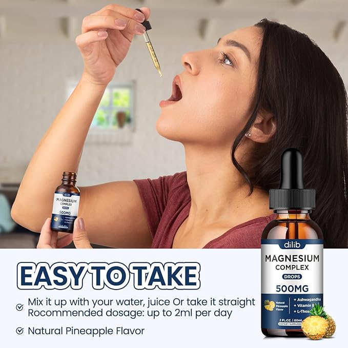 Magnesium Glycinate Liquid Drops 500mg - Triple Magnesium Complex Supplement with Citrate, Malate, Ashwagandha, L-Theanine, Vitamin B6 for Sleep, Stress Relief, Muscle, Pineapple Flavor 4 Fl Oz