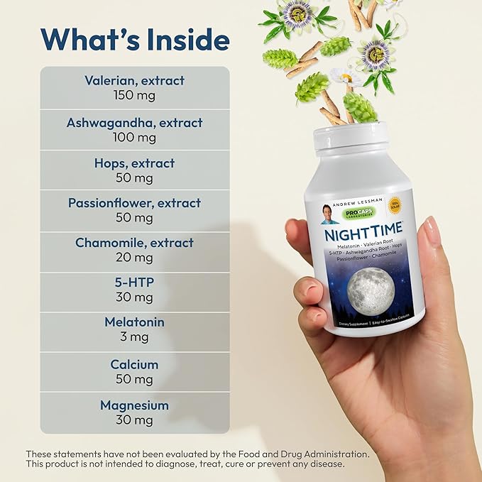 ANDREW LESSMAN Night Time 30 Capsules - 3mg Melatonin, Valerian, Ashwagandha, Passionflower, Hops, Chamomile. No Morning Hangover. Natural Support, Gentle Restful Sleep. Easy to Swallow Capsules
