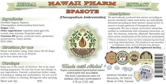 Epazote Alcohol-Free Liquid Extract, Epazote (Chenopodium Ambrosioides) Dried Herb Glycerite Hawaii Pharm Natural Herbal Supplement 2 oz