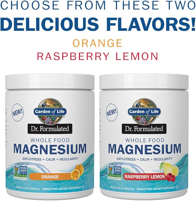 Garden of Life Dr. Formulated Whole Food Magnesium 419.5g Powder - Orange, Chelated, Non-GMO, Vegan, Kosher, Gluten & Sugar Free Supplement with Probiotics - Best for Anti-Stress, Calm & Regularity