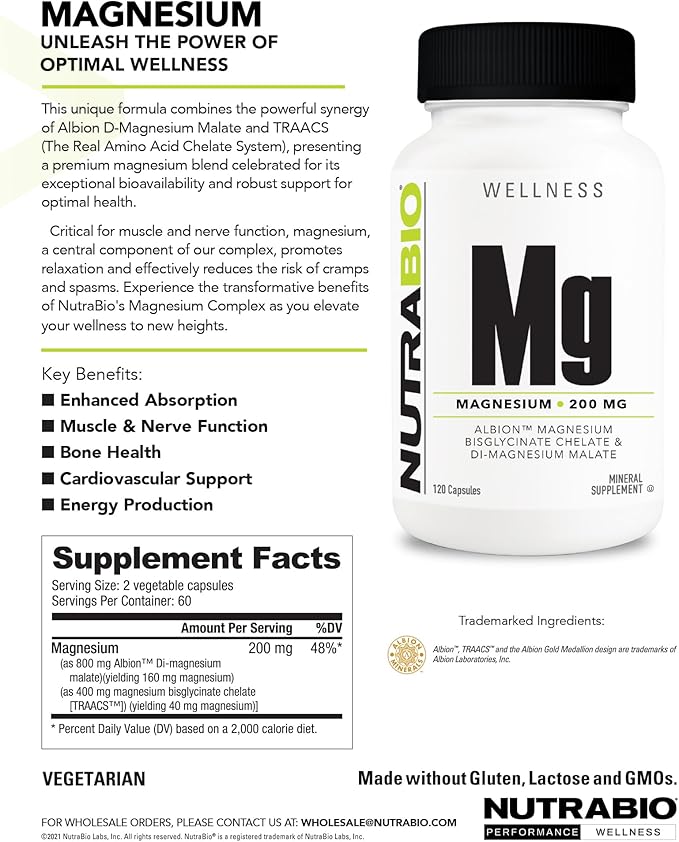 NutraBio Magnesium Supplement, Magnesium Glycinate, Biglycinate, D-Magnesium Malate, Magnesium for Sleep, Muscle & Nerve Support, for Men and Women, 120 Vegetable Capsules