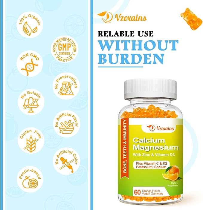 High Absorption Calcium Gummies, Sugar Free Calcium Magnesium Supplement with Potassium Vitamin D3 for Men and Women - Vegan, Orange Flavor 120 Cts