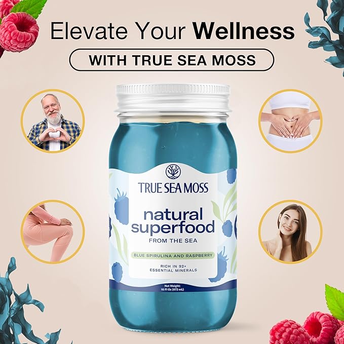 TrueSeaMoss Sea Moss Gel – Made in USA – Wildcrafted Seamoss, Fresh Fruits & Sea Vegetables – Blue Spirulina, Pack of 2 (Labels may Vary)