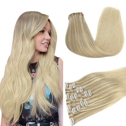 Doores Clip In Hair Extensions Real Human Hair, Ash Blonde To Golden Blonde And Platinum Blonde 14 Inch 110G 7Pcs, Seamless Clip
