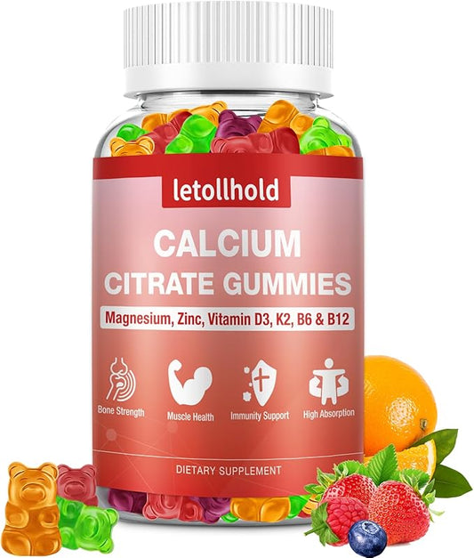 Calcium 1200mg with Vitamin D3, K2, Calcium Citrate Gummies with Magnesium Zinc, Calcium Supplements for Women for Bones Strength, Muscle & Immune Support, 60 Chewable Gummies