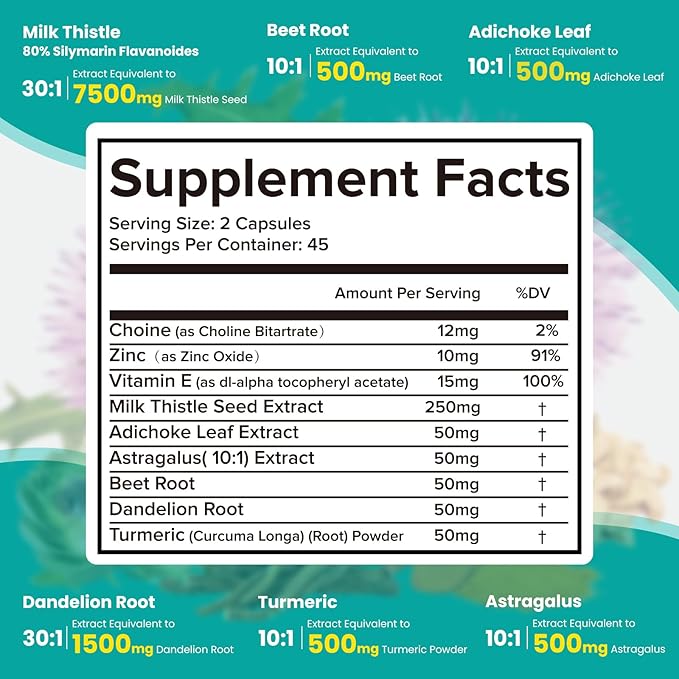 Milk Thistle Supplement - Liver Detox Cleanse Formula Herbal Liver Support with Milk Thistle, Dandelion Root, Artichoke, Turmeric, Astragalus for Liver Health, 90 Capsules-74