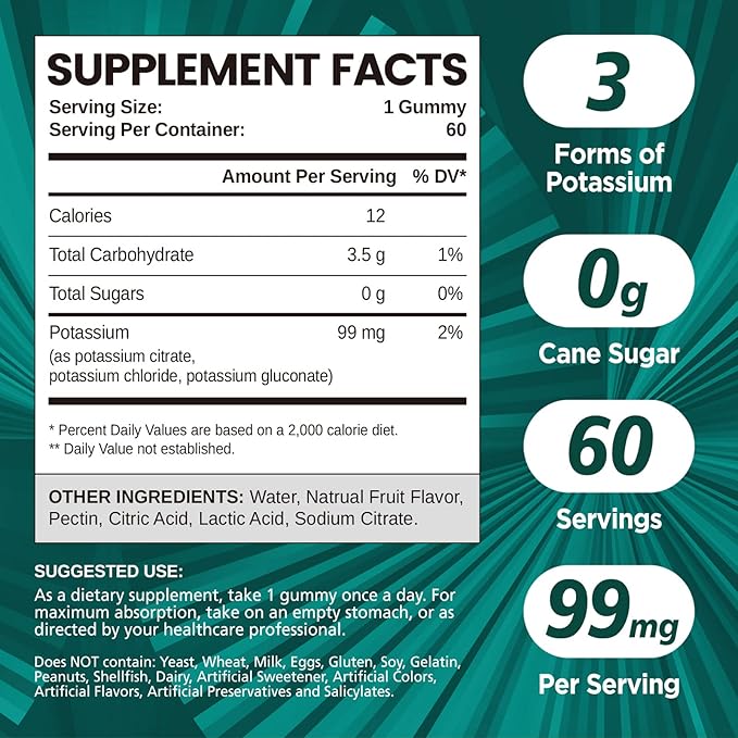 Potassium 3 in 1 Complex Gummies Sugar Free, New Formula with 99mg Potassium Citrate, Potassium Chloride, Potassium Gluconate, Leg Cramps & Muscle Supplements, 60 Chewables
