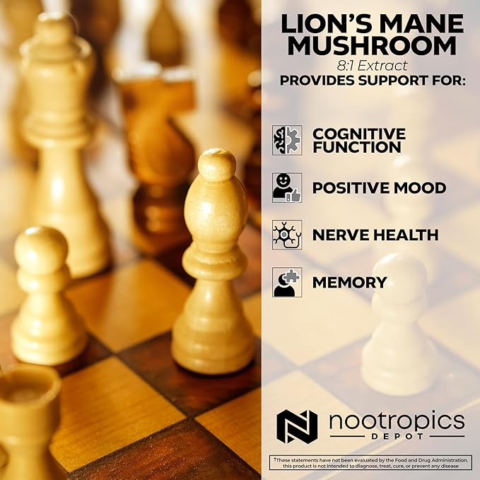 Nootropics Depot Lions Mane Mushroom Capsules | 8:1 Whole Fruiting Body Dual Extract | 500mg | 60 Count | Hericium erinaceus